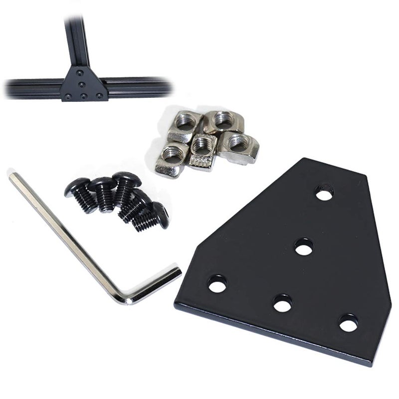 Boeray 10pcs 2020 Series 5 Hole Surface Anodic Oxidation T Shape Plate Outside Corner Bracket Aluminum Profile Connector Set with 50pcs T Nut + 50pcs Hex Screw + 1pcs Wrench Black - Image 3